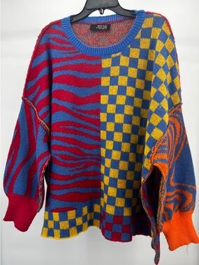 Women’s Dressed in LALA Blue, Red & Yellow Checkerboard Zebra Knit Sweater